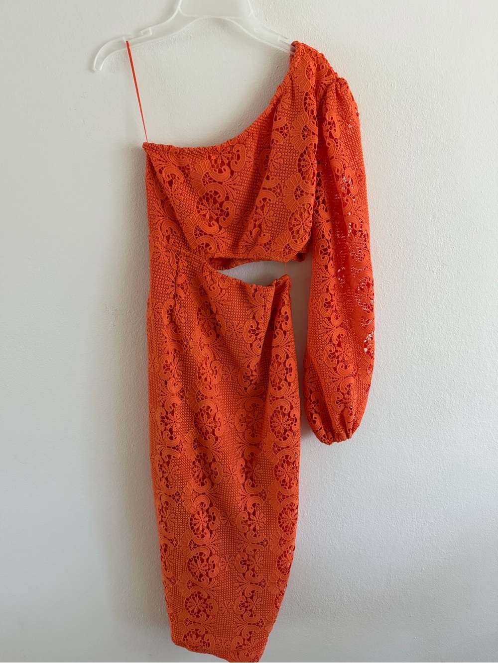 One-Shoulder Orange Lace Midi Dress with Cutout